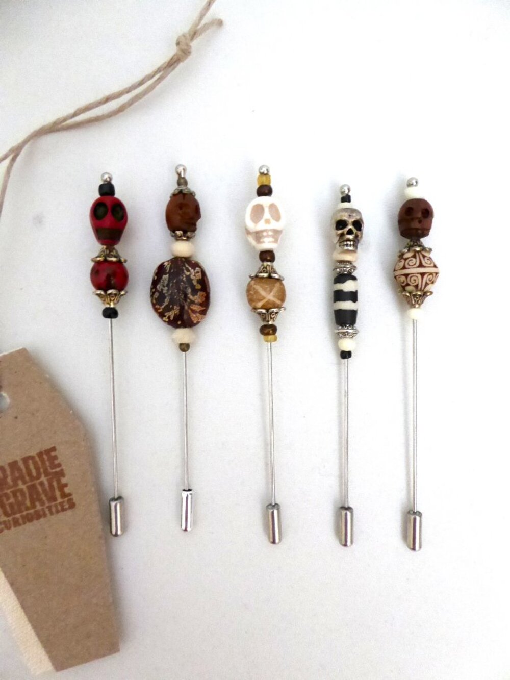 NEW 4” HANDCRAFTED GOTHIC SKULL TOPPED VOODOO DOLL PIN LOT OF 5 PROP ODDITY